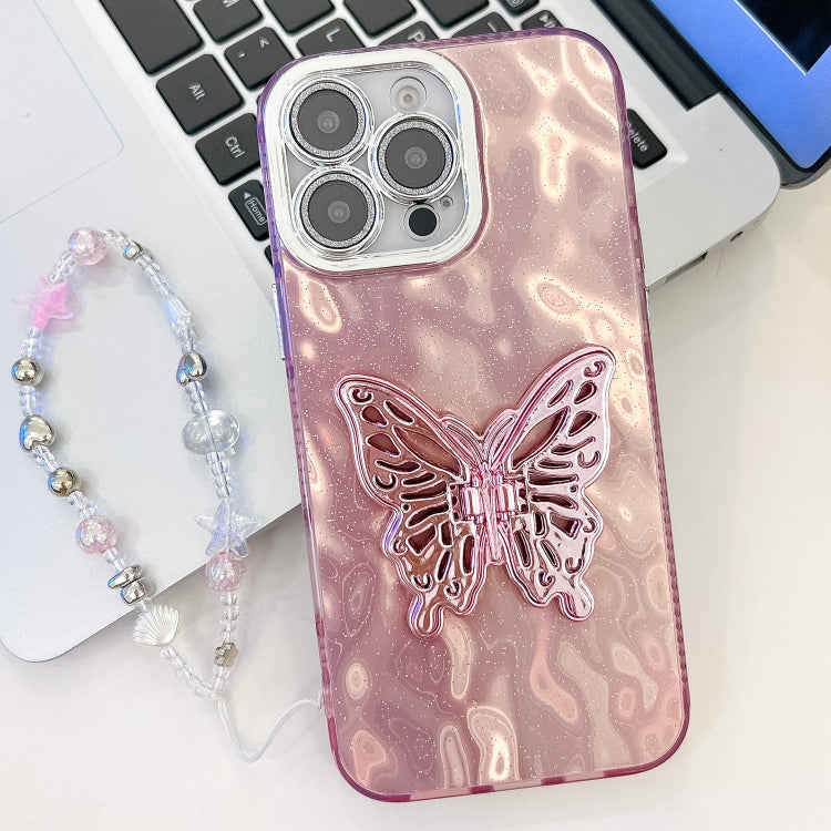 Plating Glitter Lens Film Texture Butterfly Holder Wristband Phone Case, For iPhone 16 Pro, For iPhone 16 Plus
