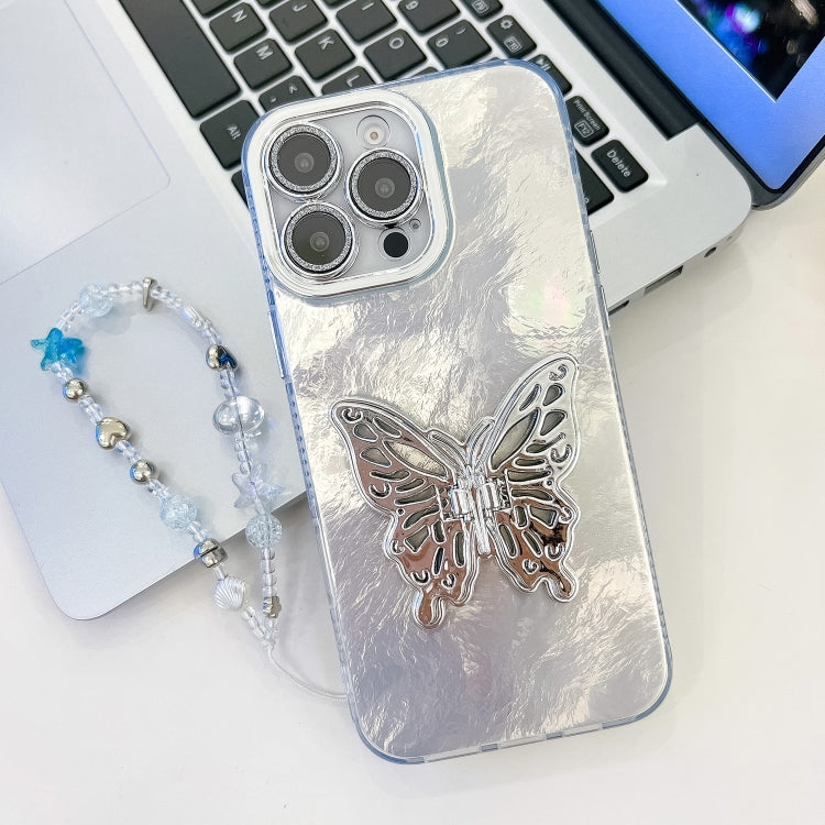 Plating Glitter Lens Film Texture Butterfly Holder Wristband Phone Case, For iPhone 16 Pro, For iPhone 16 Plus
