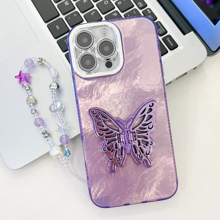 Plating Glitter Lens Film Texture Butterfly Holder Wristband Phone Case, For iPhone 16 Pro, For iPhone 16 Plus