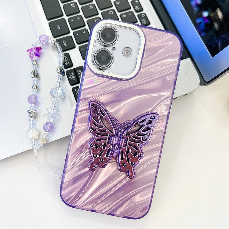 Plating Glitter Lens Film Texture Butterfly Holder Wristband Phone Case, For iPhone 16 Pro, For iPhone 16 Plus
