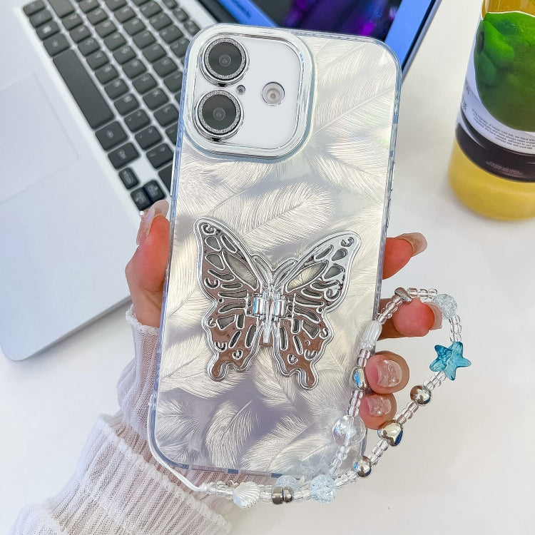 Plating Glitter Lens Film Texture Butterfly Holder Wristband Phone Case, For iPhone 16 Pro, For iPhone 16 Plus