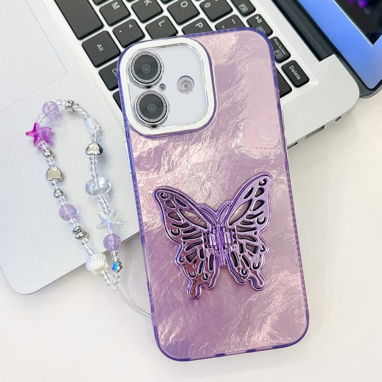 Plating Glitter Lens Film Texture Butterfly Holder Wristband Phone Case, For iPhone 16 Pro, For iPhone 16 Plus