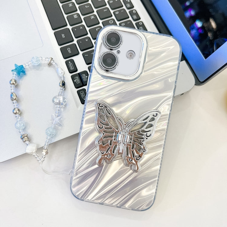 Plating Glitter Lens Film Texture Butterfly Holder Wristband Phone Case, For iPhone 16, For iPhone 15 Pro Max
