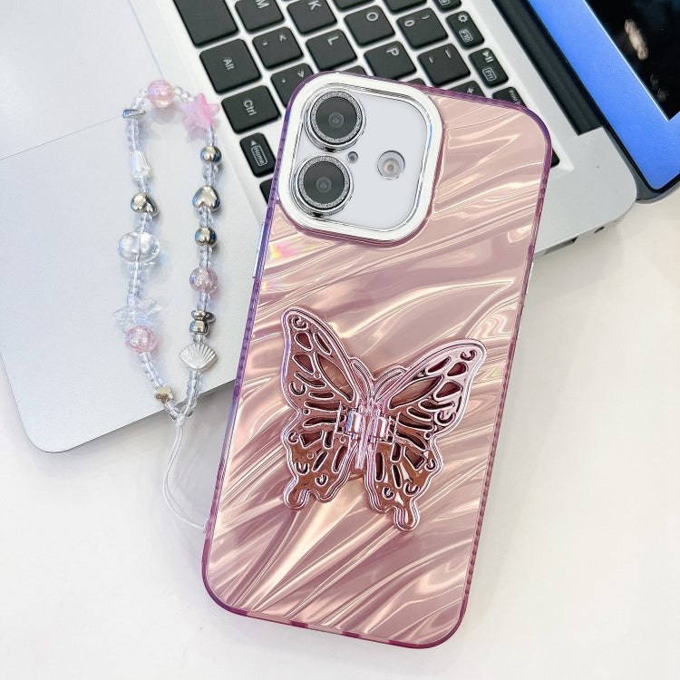 Plating Glitter Lens Film Texture Butterfly Holder Wristband Phone Case, For iPhone 16, For iPhone 15 Pro Max