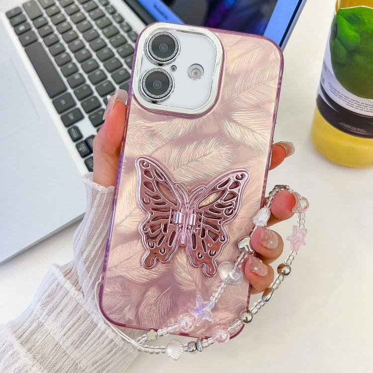 Plating Glitter Lens Film Texture Butterfly Holder Wristband Phone Case, For iPhone 16, For iPhone 15 Pro Max