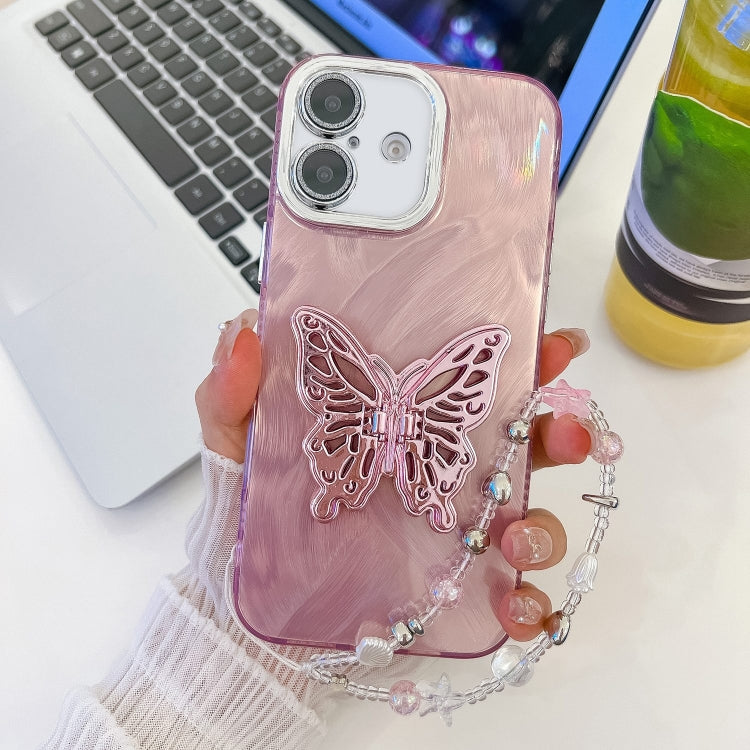 Plating Glitter Lens Film Texture Butterfly Holder Wristband Phone Case, For iPhone 16, For iPhone 15 Pro Max