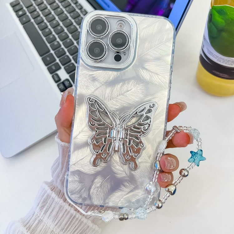 Plating Glitter Lens Film Texture Butterfly Holder Wristband Phone Case, For iPhone 16, For iPhone 15 Pro Max