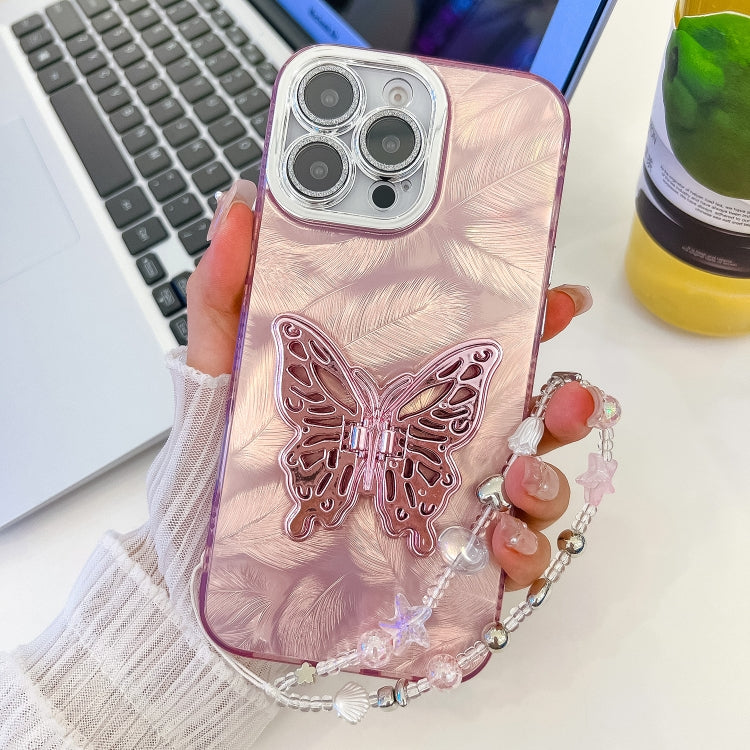 Plating Glitter Lens Film Texture Butterfly Holder Wristband Phone Case, For iPhone 16, For iPhone 15 Pro Max
