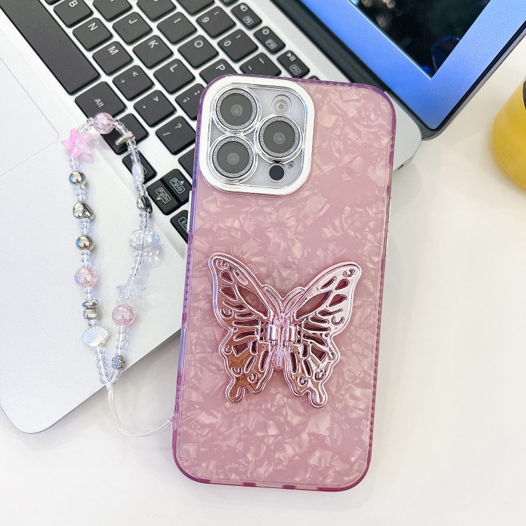 Plating Glitter Lens Film Texture Butterfly Holder Wristband Phone Case, For iPhone 15 Pro, For iPhone 15
