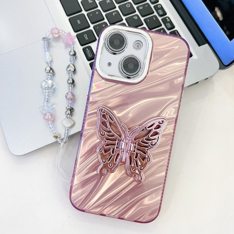 Plating Glitter Lens Film Texture Butterfly Holder Wristband Phone Case, For iPhone 15 Pro, For iPhone 15