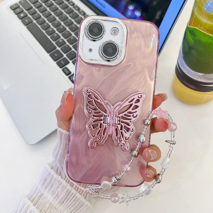 Plating Glitter Lens Film Texture Butterfly Holder Wristband Phone Case, For iPhone 15 Pro, For iPhone 15