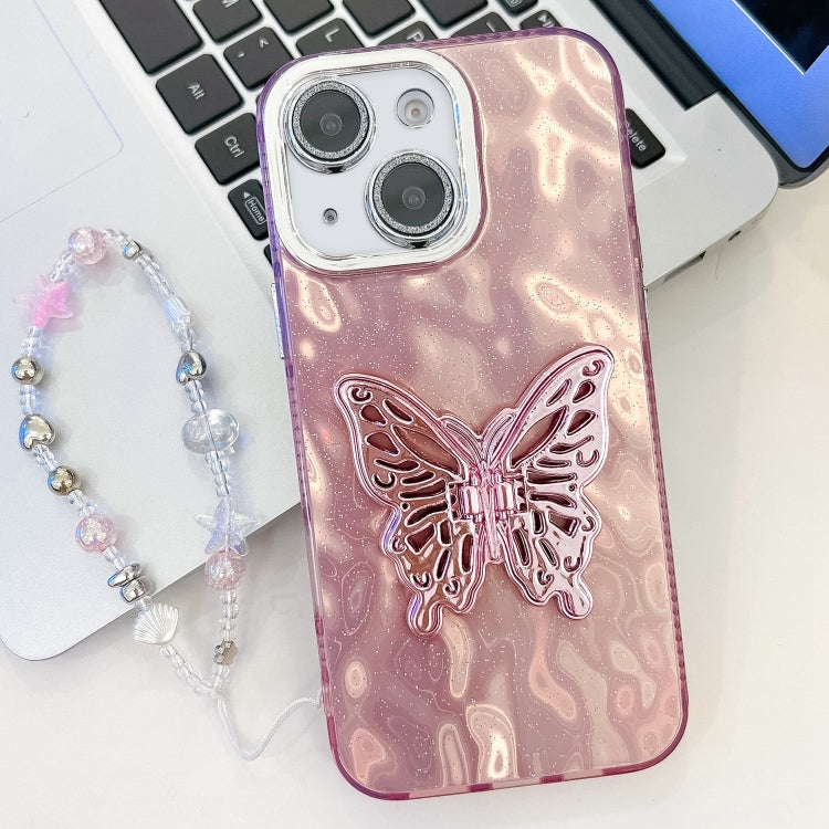 Plating Glitter Lens Film Texture Butterfly Holder Wristband Phone Case, For iPhone 15 Pro, For iPhone 15