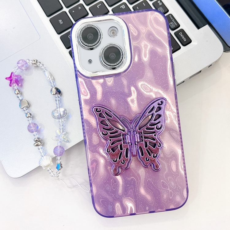 Plating Glitter Lens Film Texture Butterfly Holder Wristband Phone Case, For iPhone 15 Pro, For iPhone 15