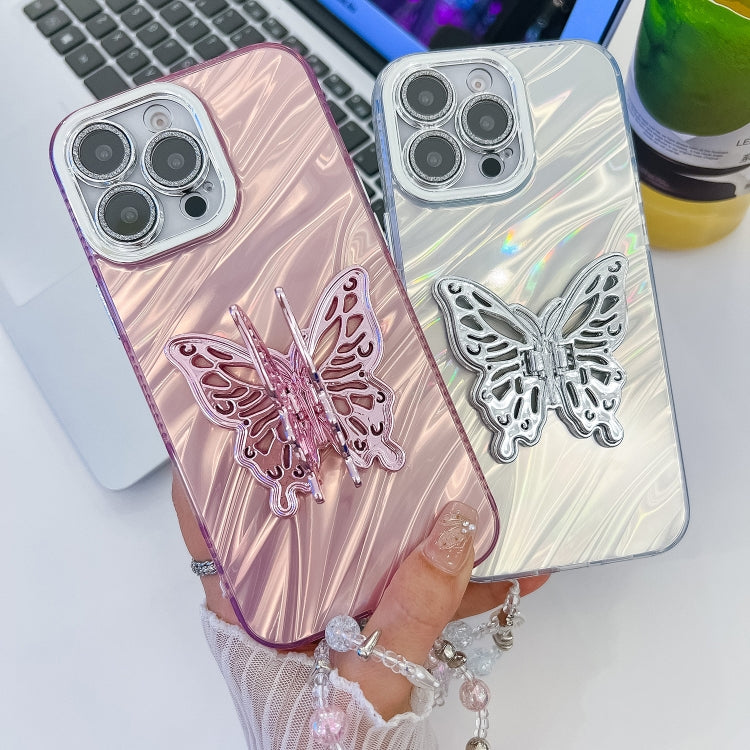 Plating Glitter Lens Film Texture Butterfly Holder Wristband Phone Case, For iPhone 15 Pro, For iPhone 15