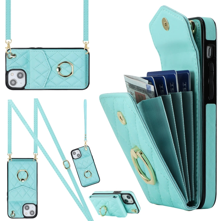 Rhombic Texture Card Bag Phone Case with Long Lanyard, For iPhone 16e, For iPhone 15 Pro Max, For iPhone 15 Pro, For iPhone 15 Plus, For iPhone 15, For iPhone 14 Plus