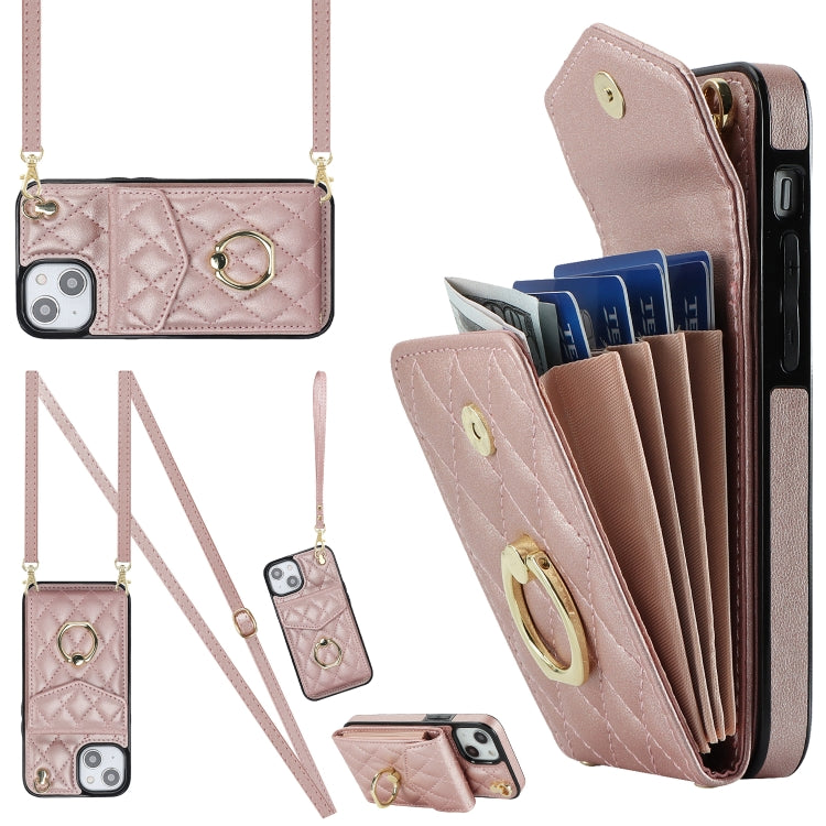Rhombic Texture Card Bag Phone Case with Long Lanyard, For iPhone 16e, For iPhone 15 Pro Max, For iPhone 15 Pro, For iPhone 15 Plus, For iPhone 15, For iPhone 14 Plus