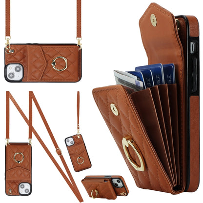 Rhombic Texture Card Bag Phone Case with Long Lanyard, For iPhone 16e, For iPhone 15 Pro Max, For iPhone 15 Pro, For iPhone 15 Plus, For iPhone 15, For iPhone 14 Plus