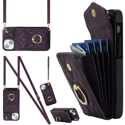 Rhombic Texture Card Bag Phone Case with Long Lanyard, For iPhone 16e, For iPhone 15 Pro Max, For iPhone 15 Pro, For iPhone 15 Plus, For iPhone 15, For iPhone 14 Plus