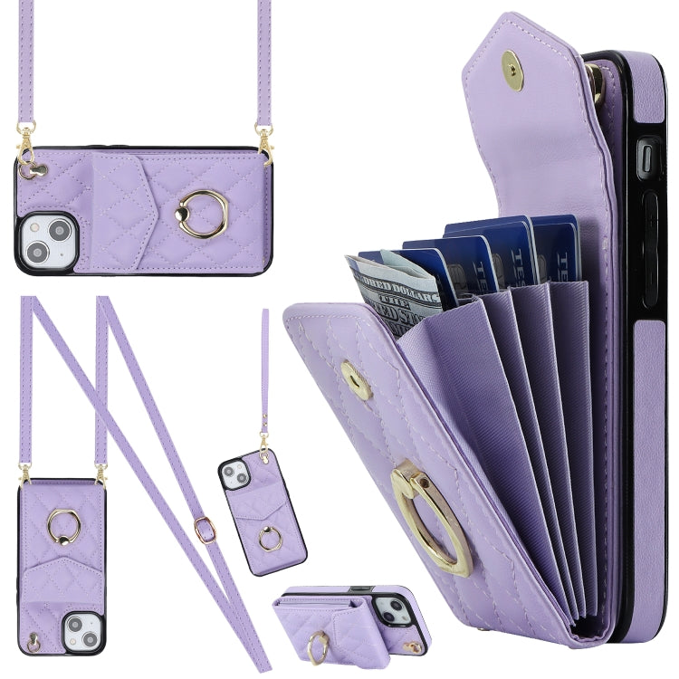 Rhombic Texture Card Bag Phone Case with Long Lanyard, For iPhone 16e, For iPhone 15 Pro Max, For iPhone 15 Pro, For iPhone 15 Plus, For iPhone 15, For iPhone 14 Plus