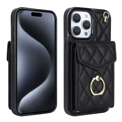 Rhombic Texture Card Bag Phone Case with Long Lanyard, For iPhone 16e, For iPhone 15 Pro Max, For iPhone 15 Pro, For iPhone 15 Plus, For iPhone 15, For iPhone 14 Plus