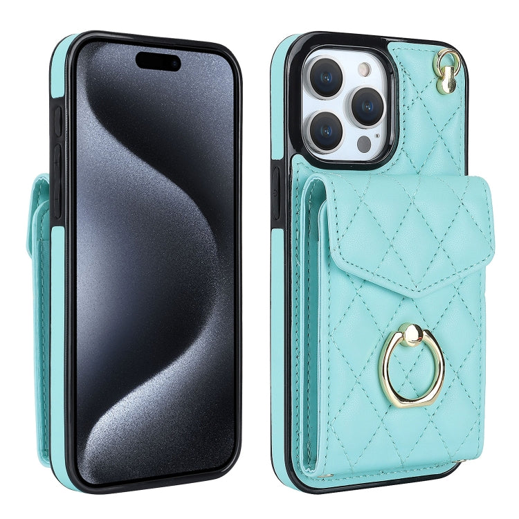Rhombic Texture Card Bag Phone Case with Long Lanyard, For iPhone 16e, For iPhone 15 Pro Max, For iPhone 15 Pro, For iPhone 15 Plus, For iPhone 15, For iPhone 14 Plus