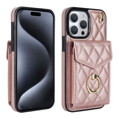 Rhombic Texture Card Bag Phone Case with Long Lanyard, For iPhone 16e, For iPhone 15 Pro Max, For iPhone 15 Pro, For iPhone 15 Plus, For iPhone 15, For iPhone 14 Plus
