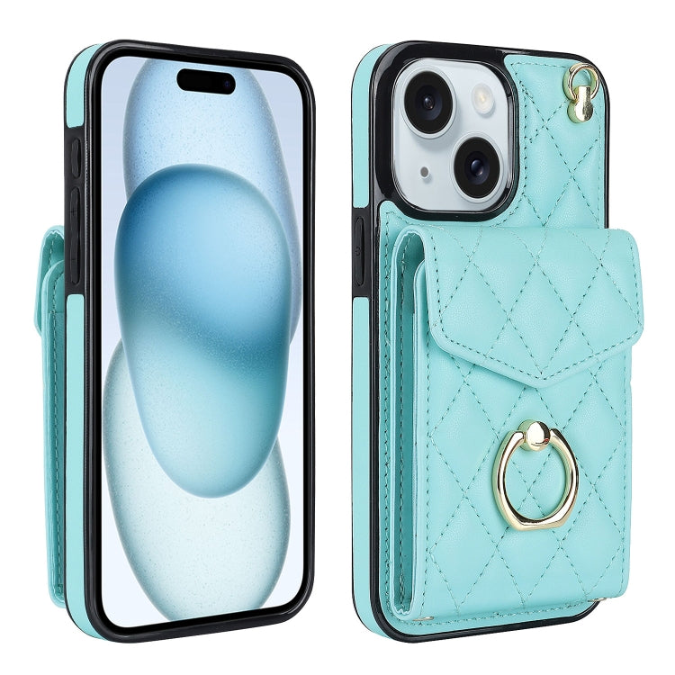 Rhombic Texture Card Bag Phone Case with Long Lanyard, For iPhone 16e, For iPhone 15 Pro Max, For iPhone 15 Pro, For iPhone 15 Plus, For iPhone 15, For iPhone 14 Plus