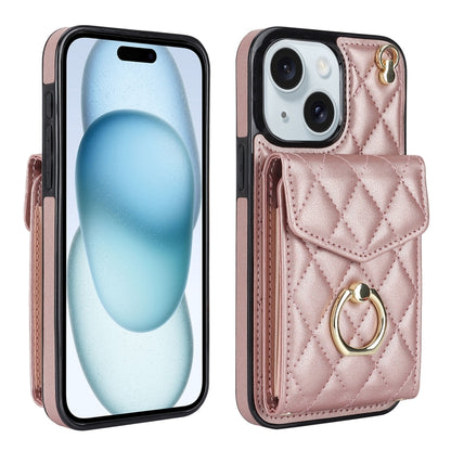 Rhombic Texture Card Bag Phone Case with Long Lanyard, For iPhone 16e, For iPhone 15 Pro Max, For iPhone 15 Pro, For iPhone 15 Plus, For iPhone 15, For iPhone 14 Plus