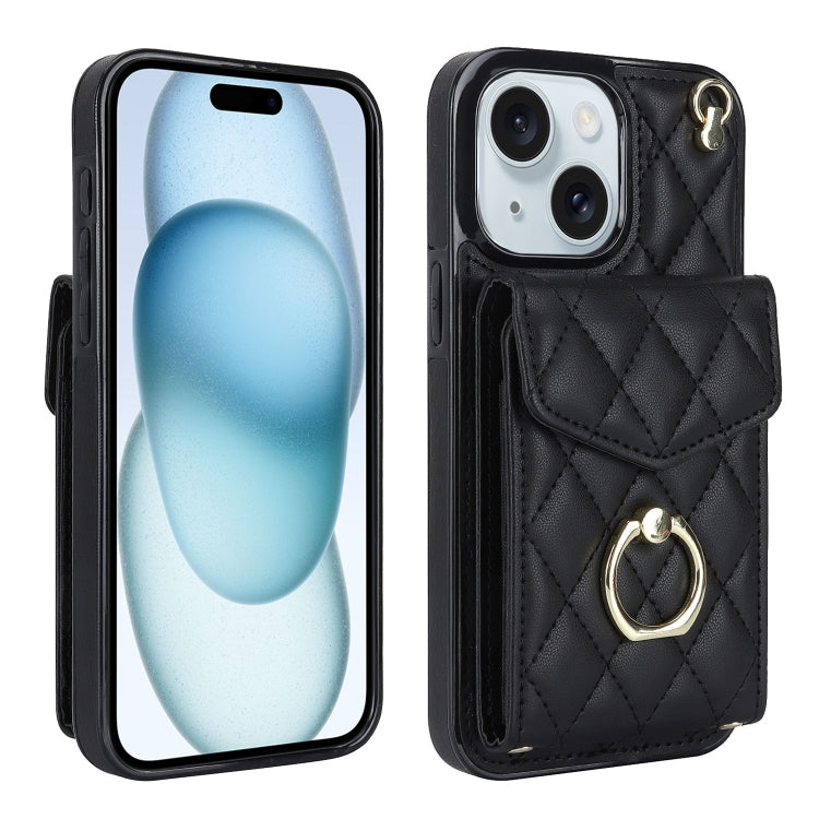 Rhombic Texture Card Bag Phone Case with Long Lanyard, For iPhone 16e, For iPhone 15 Pro Max, For iPhone 15 Pro, For iPhone 15 Plus, For iPhone 15, For iPhone 14 Plus