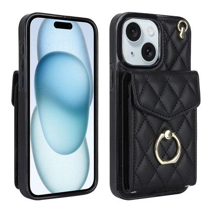 Rhombic Texture Card Bag Phone Case with Long Lanyard, For iPhone 16e, For iPhone 15 Pro Max, For iPhone 15 Pro, For iPhone 15 Plus, For iPhone 15, For iPhone 14 Plus
