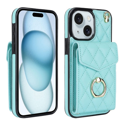 Rhombic Texture Card Bag Phone Case with Long Lanyard, For iPhone 16e, For iPhone 15 Pro Max, For iPhone 15 Pro, For iPhone 15 Plus, For iPhone 15, For iPhone 14 Plus