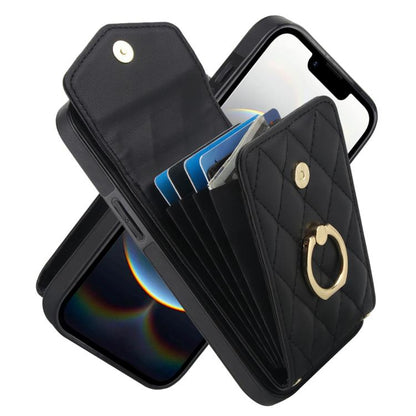 Rhombic Texture Card Bag Phone Case with Long Lanyard, For iPhone 16e, For iPhone 15 Pro Max, For iPhone 15 Pro, For iPhone 15 Plus, For iPhone 15, For iPhone 14 Plus