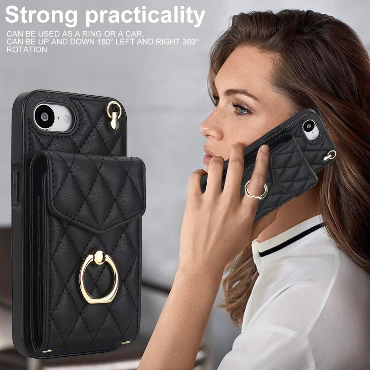 Rhombic Texture Card Bag Phone Case with Long Lanyard, For iPhone 16e, For iPhone 15 Pro Max, For iPhone 15 Pro, For iPhone 15 Plus, For iPhone 15, For iPhone 14 Plus