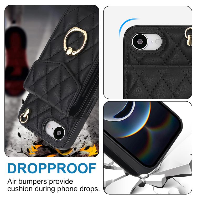 Rhombic Texture Card Bag Phone Case with Long Lanyard, For iPhone 16e, For iPhone 15 Pro Max, For iPhone 15 Pro, For iPhone 15 Plus, For iPhone 15, For iPhone 14 Plus