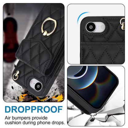 Rhombic Texture Card Bag Phone Case with Long Lanyard, For iPhone 16e, For iPhone 15 Pro Max, For iPhone 15 Pro, For iPhone 15 Plus, For iPhone 15, For iPhone 14 Plus