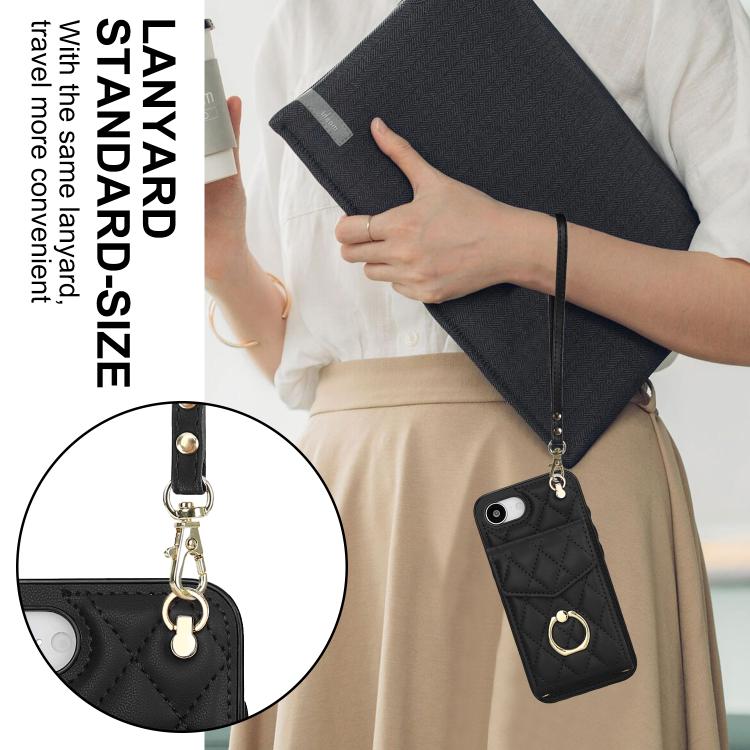 Rhombic Texture Card Bag Phone Case with Long Lanyard, For iPhone 16e, For iPhone 15 Pro Max, For iPhone 15 Pro, For iPhone 15 Plus, For iPhone 15, For iPhone 14 Plus