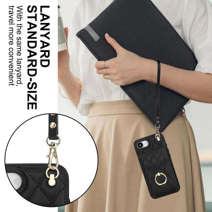 Rhombic Texture Card Bag Phone Case with Long Lanyard, For iPhone 16e, For iPhone 15 Pro Max, For iPhone 15 Pro, For iPhone 15 Plus, For iPhone 15, For iPhone 14 Plus