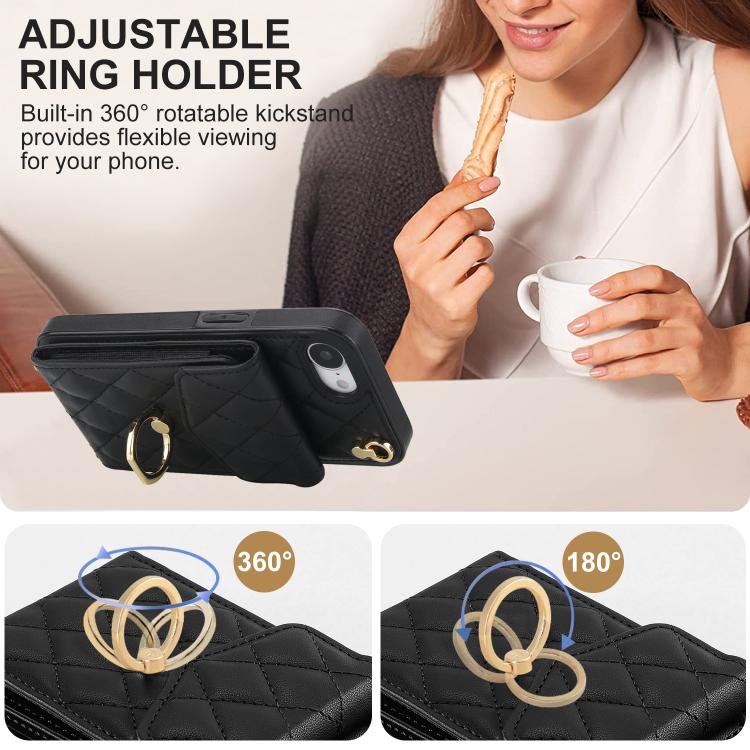 Rhombic Texture Card Bag Phone Case with Long Lanyard, For iPhone 16e, For iPhone 15 Pro Max, For iPhone 15 Pro, For iPhone 15 Plus, For iPhone 15, For iPhone 14 Plus