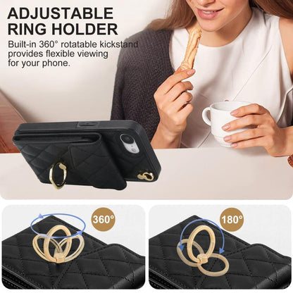 Rhombic Texture Card Bag Phone Case with Long Lanyard, For iPhone 16e, For iPhone 15 Pro Max, For iPhone 15 Pro, For iPhone 15 Plus, For iPhone 15, For iPhone 14 Plus