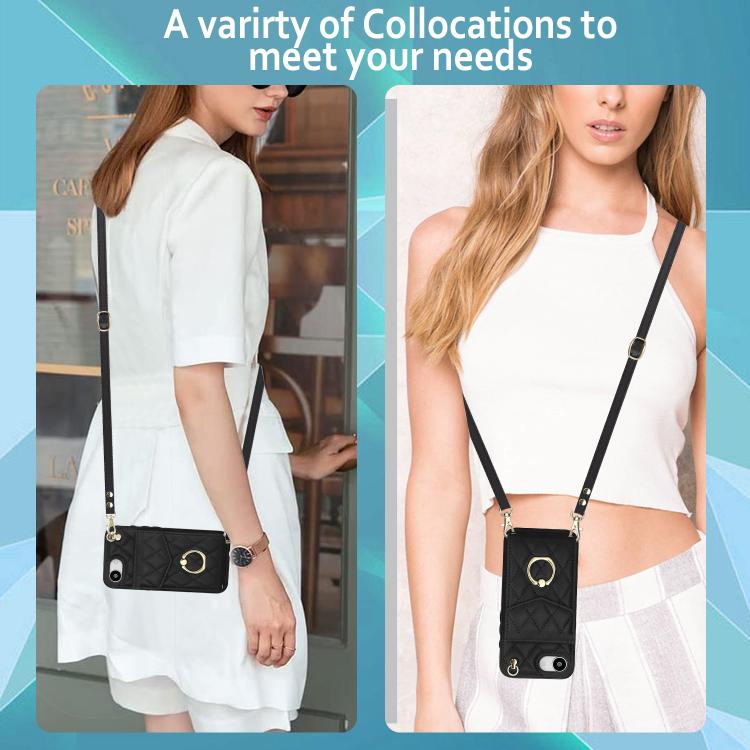 Rhombic Texture Card Bag Phone Case with Long Lanyard, For iPhone 16e, For iPhone 15 Pro Max, For iPhone 15 Pro, For iPhone 15 Plus, For iPhone 15, For iPhone 14 Plus