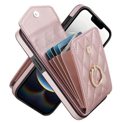 Rhombic Texture Card Bag Phone Case with Long Lanyard, For iPhone 16e, For iPhone 15 Pro Max, For iPhone 15 Pro, For iPhone 15 Plus, For iPhone 15, For iPhone 14 Plus