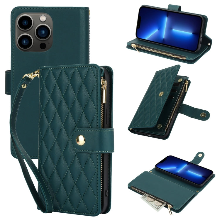 YM016 Rhombic Zipper Card Wallet Leather Phone Case with Lanyard