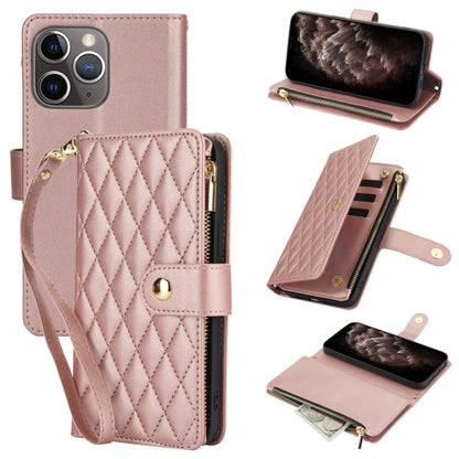 YM016 Rhombic Zipper Card Wallet Leather Phone Case with Lanyard