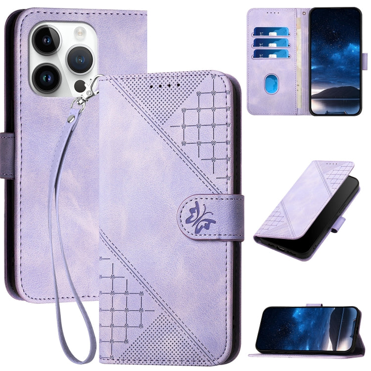 YX0080 Grid Butterfly Embossed Pattern Flip Leather Phone Case with Lanyard