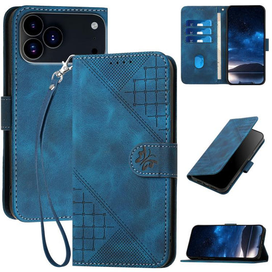 YX0080 Grid Butterfly Embossed Pattern Flip Leather Phone Case with Lanyard