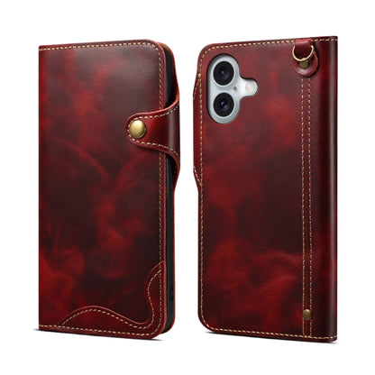 Denior B01 Oil Wax Cowhide Magnetic Button Genuine Leather Case, For iPhone 16e, For iPhone 16 Pro Max, For iPhone 16 Pro, For iPhone 16 Plus, For iPhone 16