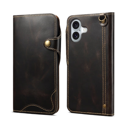 Denior B01 Oil Wax Cowhide Magnetic Button Genuine Leather Case, For iPhone 16e, For iPhone 16 Pro Max, For iPhone 16 Pro, For iPhone 16 Plus, For iPhone 16