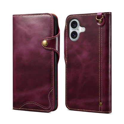 Denior B01 Oil Wax Cowhide Magnetic Button Genuine Leather Case, For iPhone 16e, For iPhone 16 Pro Max, For iPhone 16 Pro, For iPhone 16 Plus, For iPhone 16