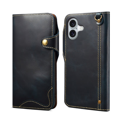 Denior B01 Oil Wax Cowhide Magnetic Button Genuine Leather Case, For iPhone 16e, For iPhone 16 Pro Max, For iPhone 16 Pro, For iPhone 16 Plus, For iPhone 16
