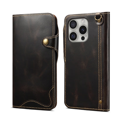 Denior B01 Oil Wax Cowhide Magnetic Button Genuine Leather Case, For iPhone 16e, For iPhone 16 Pro Max, For iPhone 16 Pro, For iPhone 16 Plus, For iPhone 16